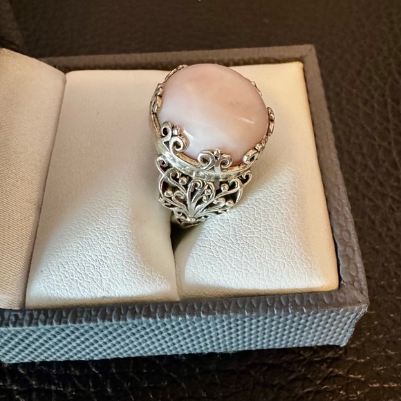 Peruvian Pink Opal 15MM round. Rhodium over Sterling Silver. Sz5. - Picture 2 of 3